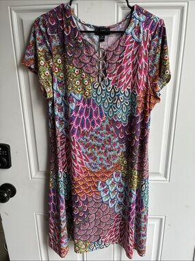 MSK Paisley Keyhole dress- Pink, Turquoise & Navy